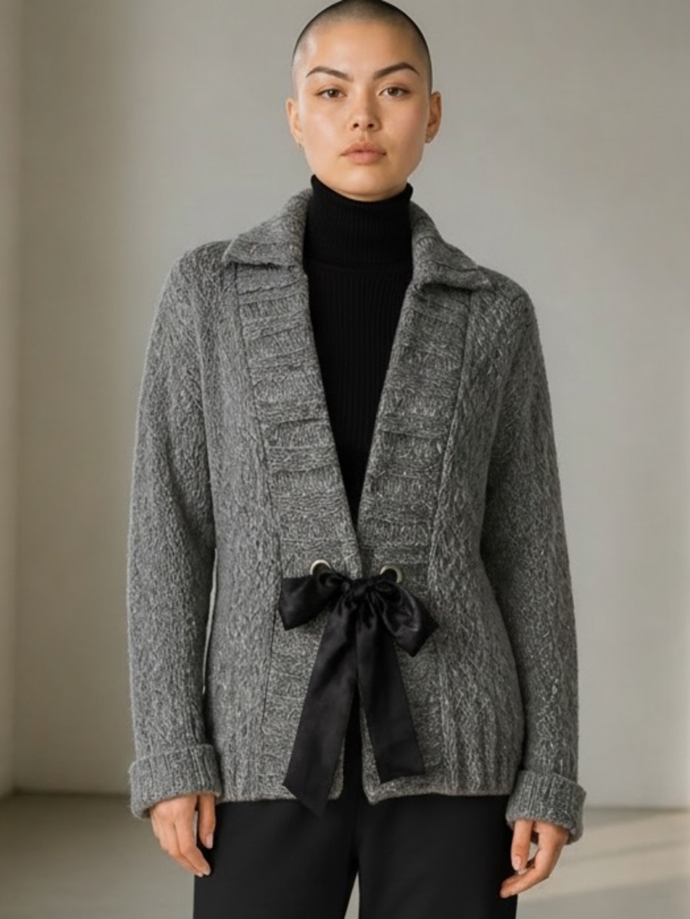 NWT 90s MAC & JAC COTTON BLEND OPEN KNIT SLOUCHY CARDIGAN SATIN BOW CLOSURE XL